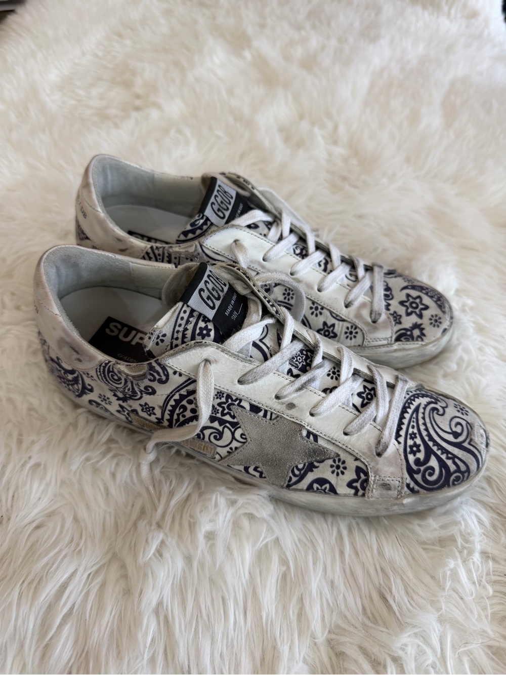 Golden Goose White and Navy Paisley Superstar Sneakers Size 38 US 8